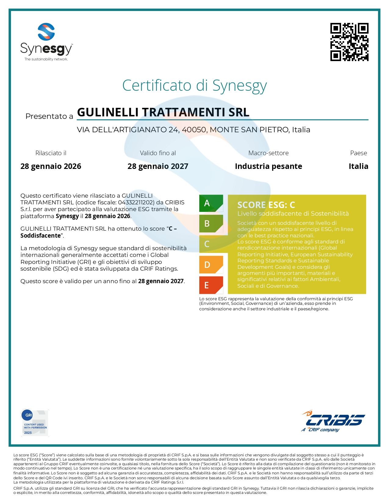 Certificato di Sinergia per GULINELLI DI MANCINO DAVIDE. Include una classe di efficienza energetica C.