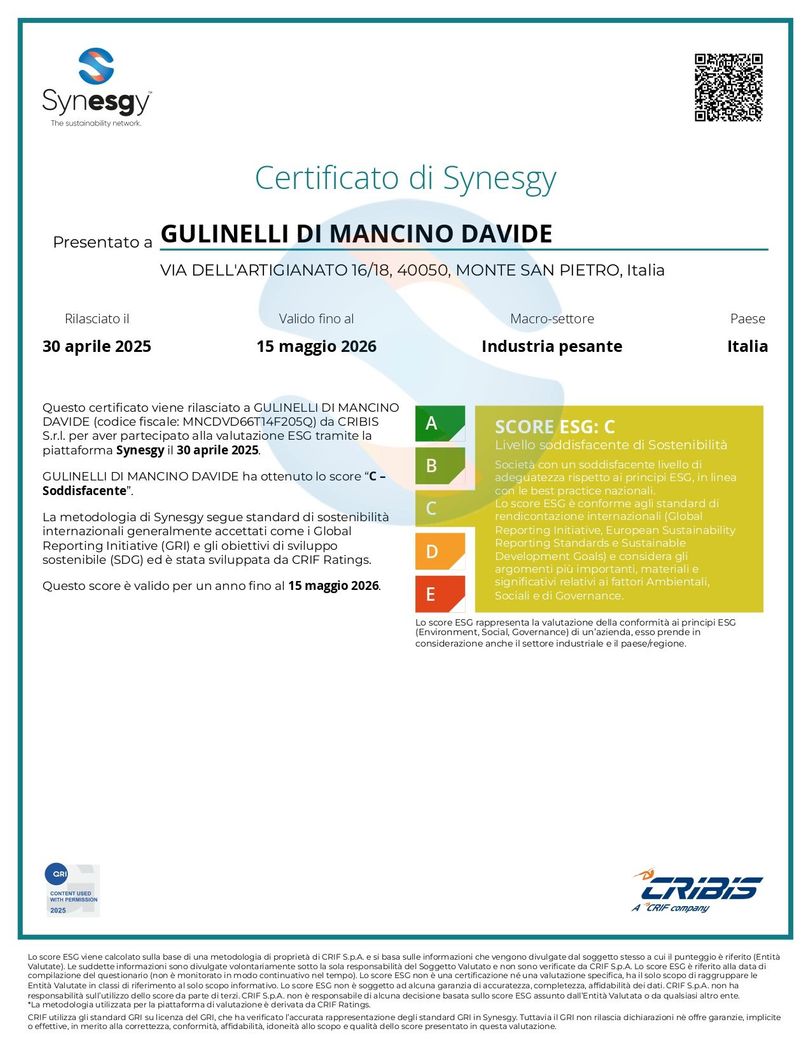 Certificato di Sinergia per GULINELLI DI MANCINO DAVIDE. Include una classe di efficienza energetica C.