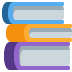 Three stacked books, blue, orange, and purple, indicating learning or reading.
