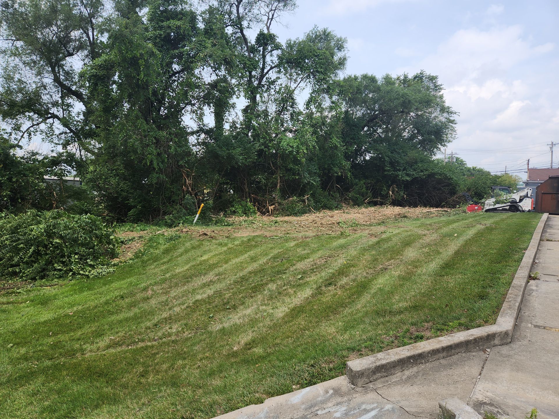 A mowed grassy lawn sloping down toward a patch of bare earth and a line of dense, green trees under a cloudy sky.