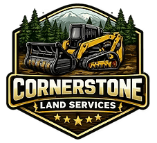 Logo for Cornerstone Land Services featuring a yellow tracked loader in a forest with mountains and five gold stars.