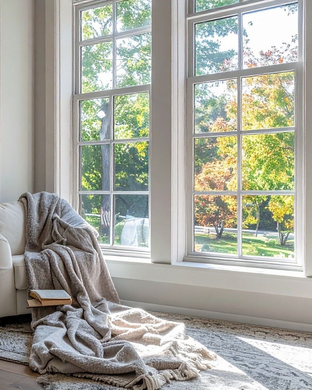 Cozy indoor scene with windows, a draped blanket, books, and a view of trees in autumn colors.