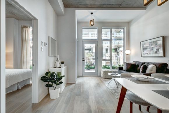 Bright living room with light wood floor, tall windows, and open doorway to a bedroom.
