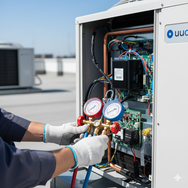 Person servicing HVAC unit on rooftop, using gauges to check pressure.
