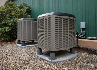 Two air conditioning units on concrete pads beside a green building.