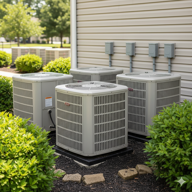 Four air conditioning units outside a building with bushes and electrical boxes.