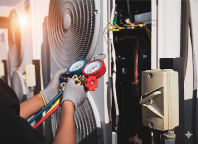 Person using gauges to service an air conditioning unit outside.