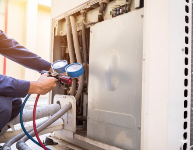 HVAC technician checking gauges on an air conditioning unit; outdoors.