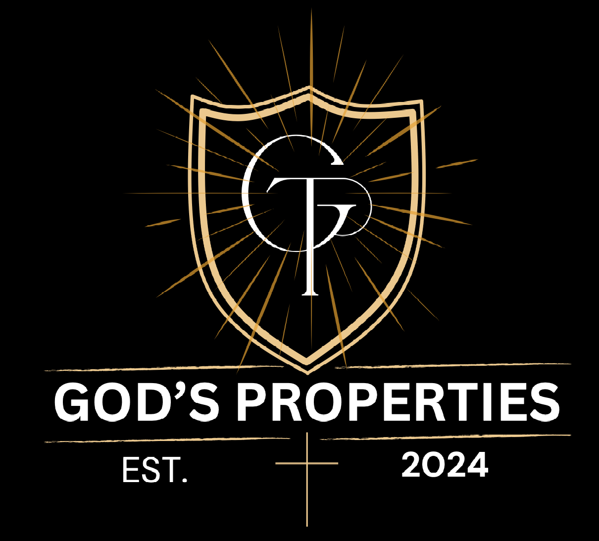 A logo for god 's properties with a shield and a cross on a black background.