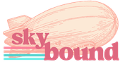 Pink blimp with "skybound" text overlayed; pastel stripes in background.