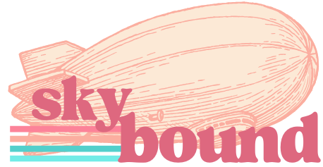 Pink blimp with "skybound" text overlayed; pastel stripes in background.