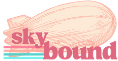Pink blimp with "skybound" text overlayed; pastel stripes in background.