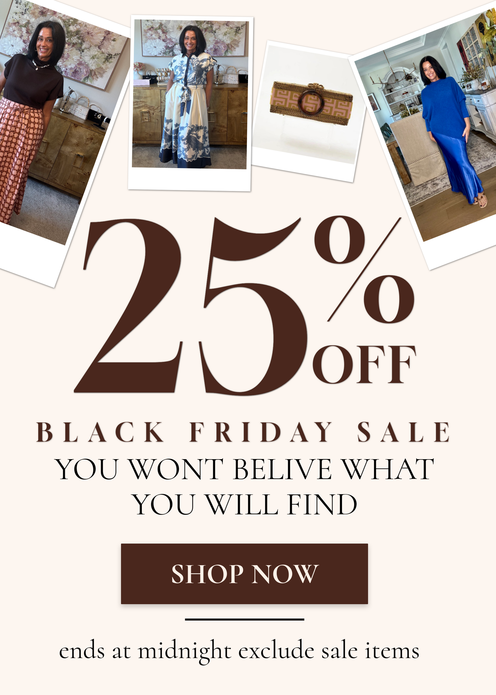 Woman in beige outfit poses, with other fashion items, promoting 