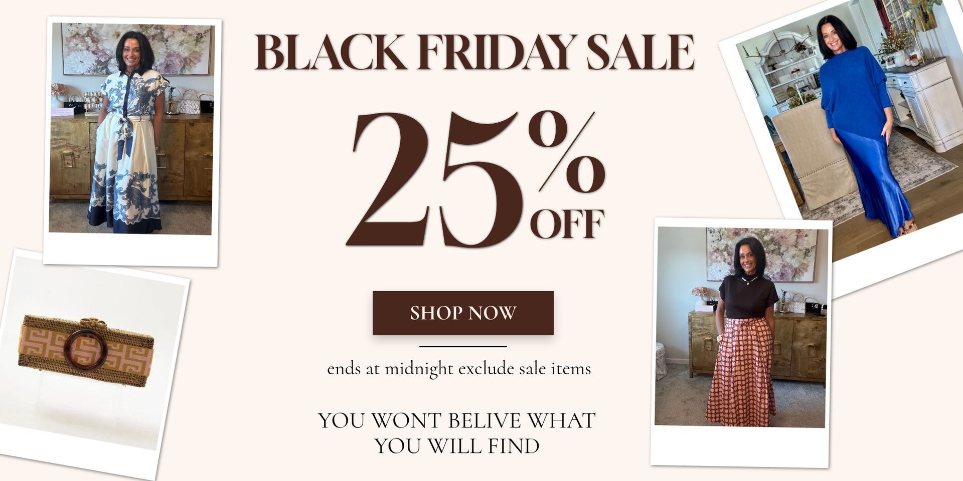 Woman modeling autumn outfits; beige background, text 