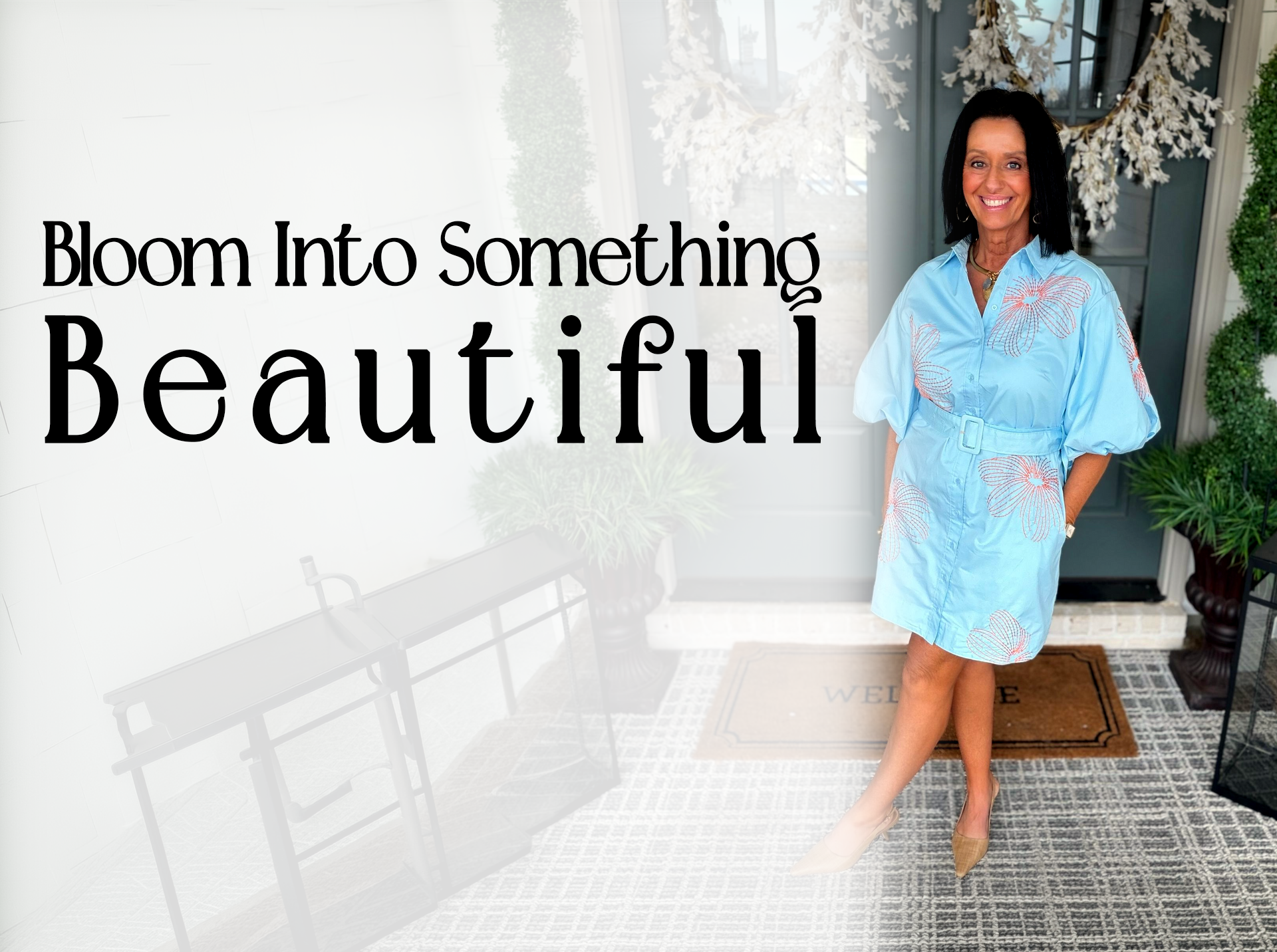 Woman in beige outfit poses, with other fashion items, promoting 