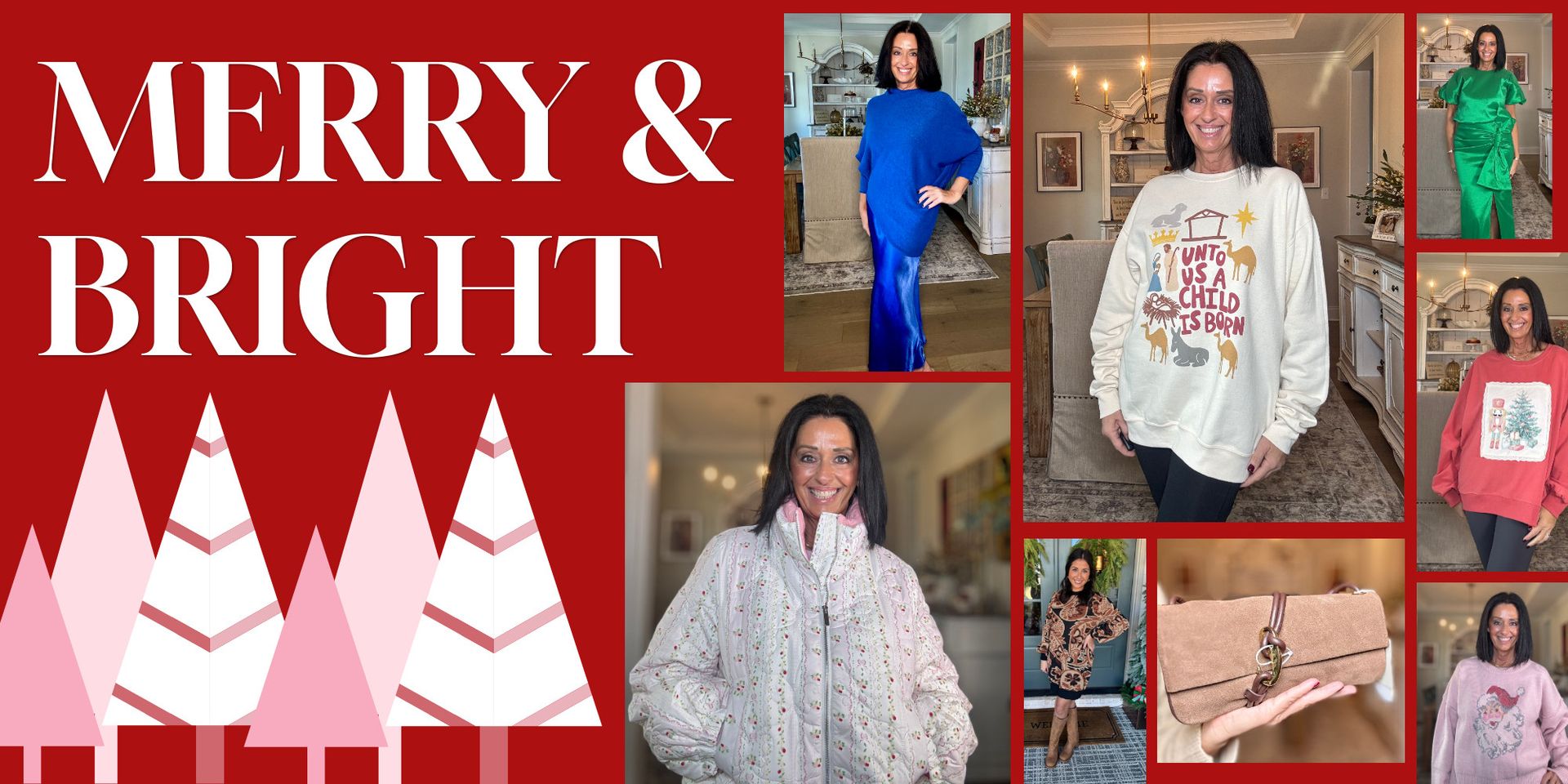 Woman modeling autumn outfits; beige background, text 