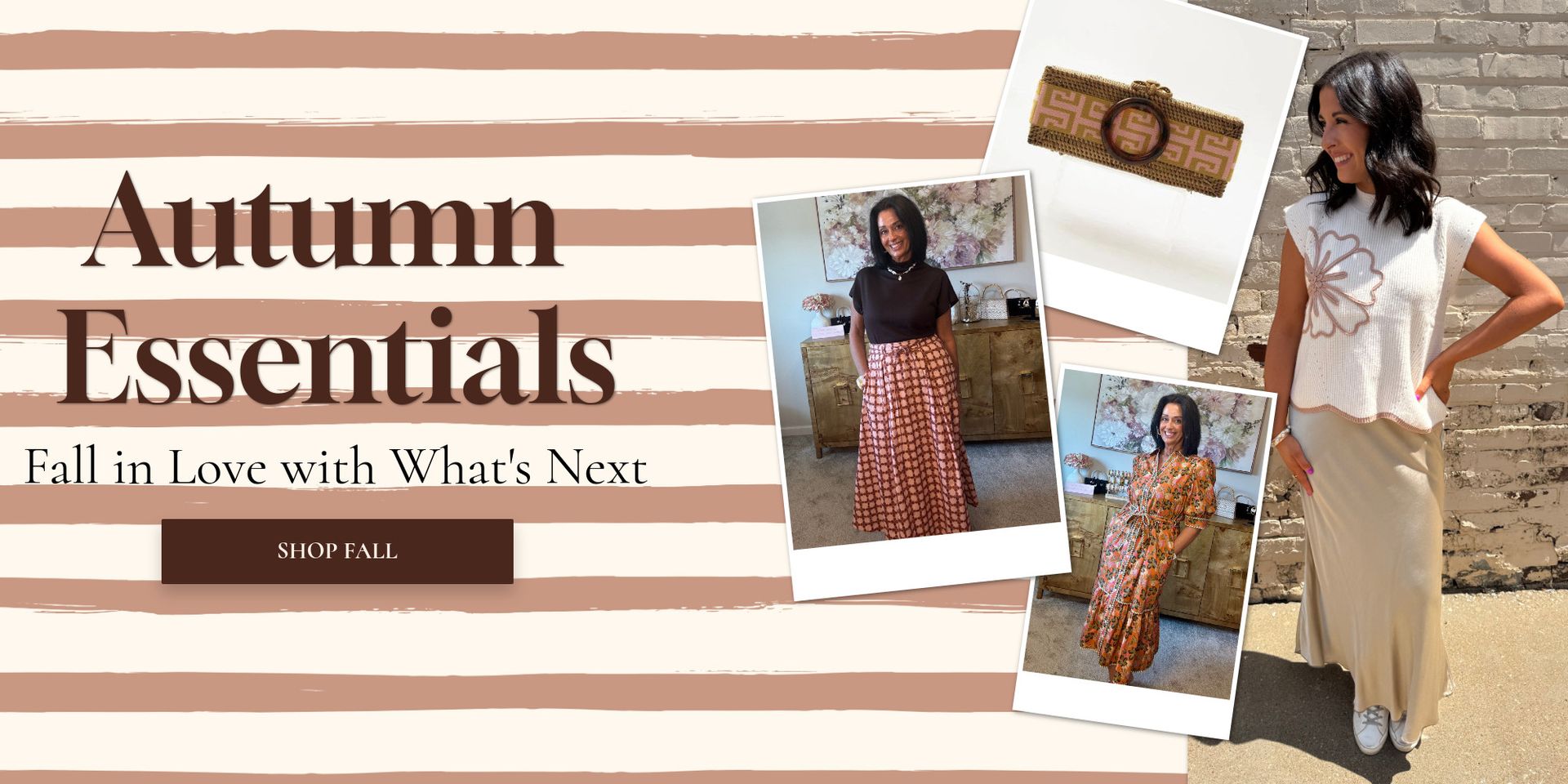 Woman modeling autumn outfits; beige background, text 
