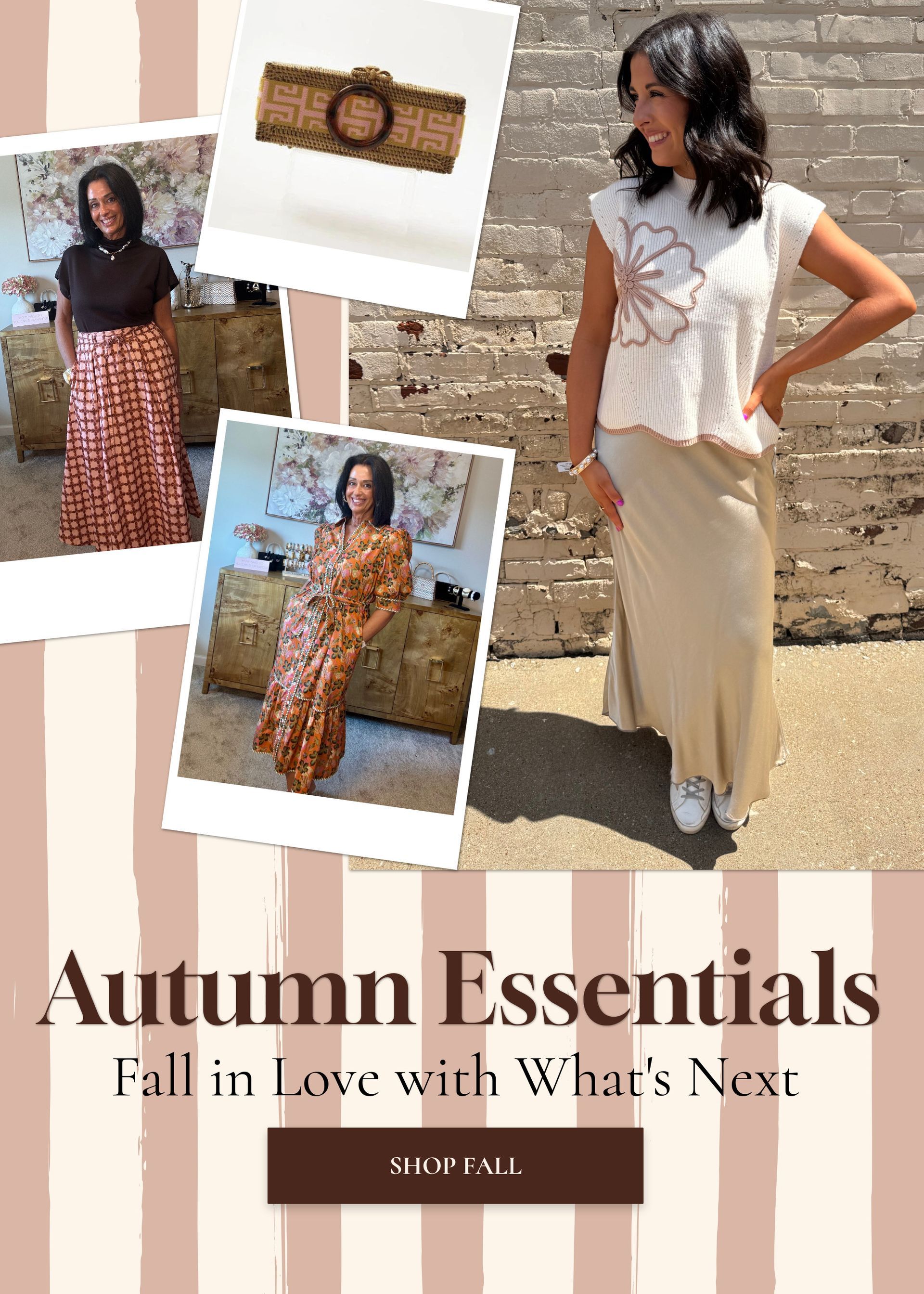 Woman in beige outfit poses, with other fashion items, promoting 