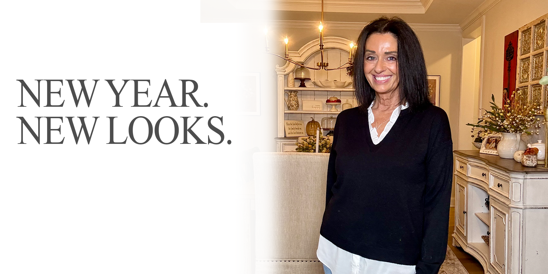 Woman in beige outfit poses, with other fashion items, promoting 