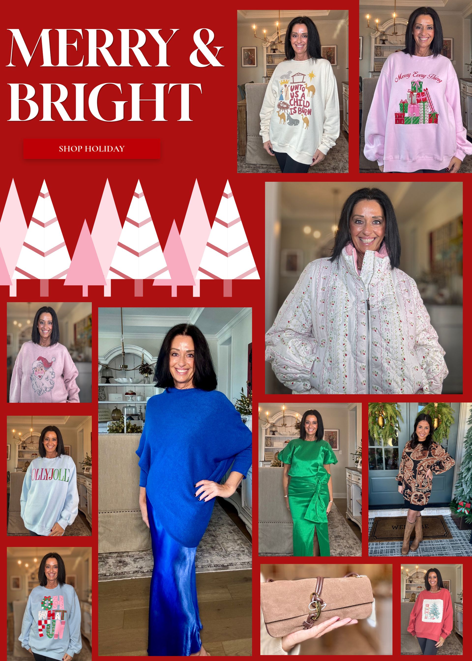 Woman in beige outfit poses, with other fashion items, promoting 