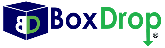 A blue and green box drop logo with an arrow pointing down.