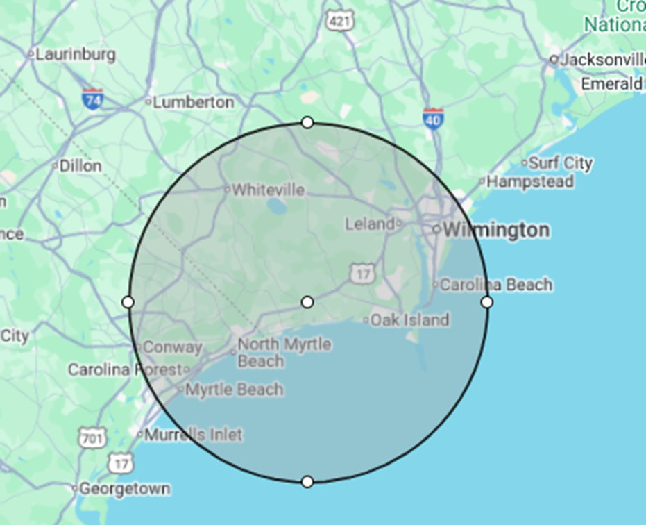 A map of north carolina with a circle around it