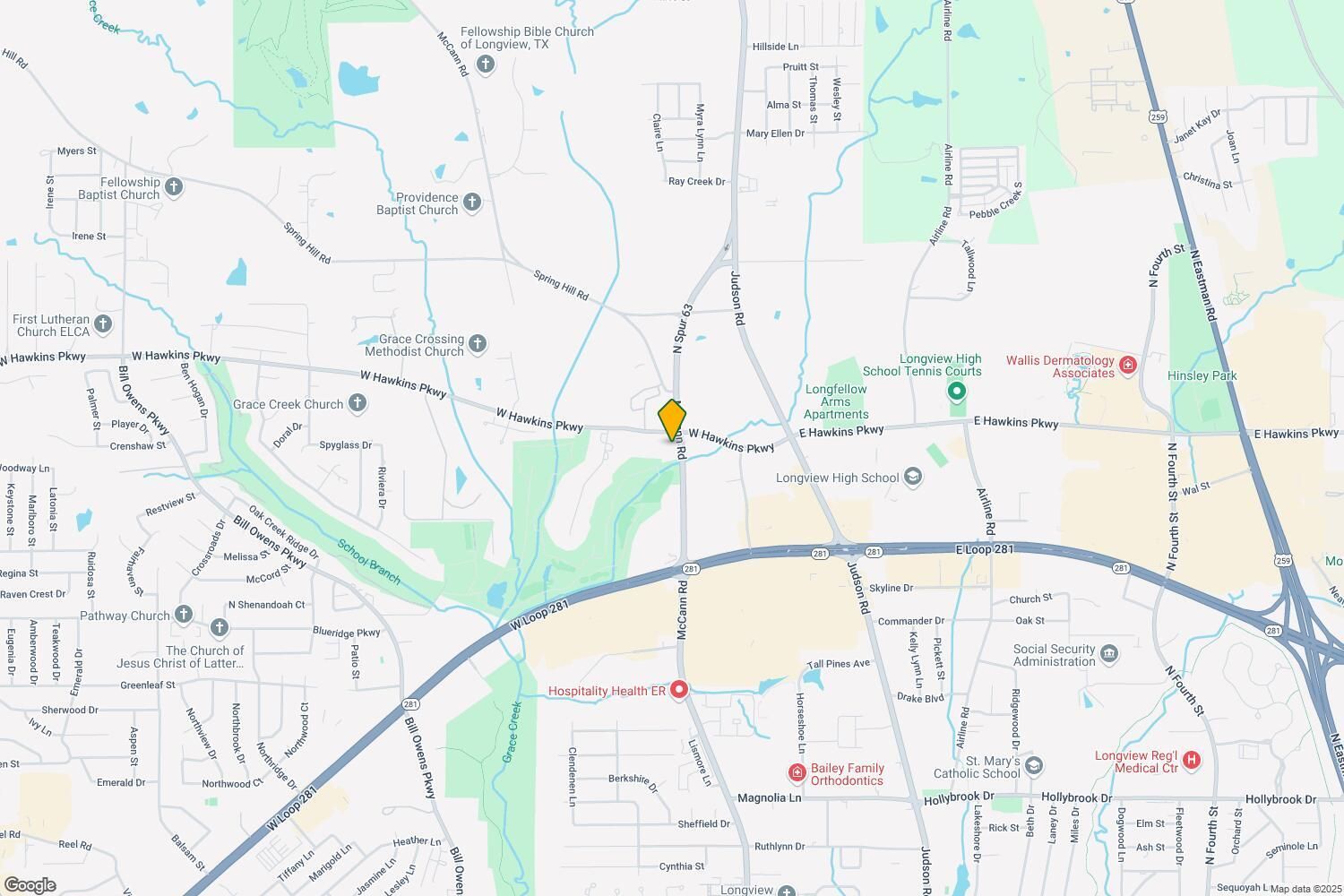 A map of a city with a yellow circle in the middle.