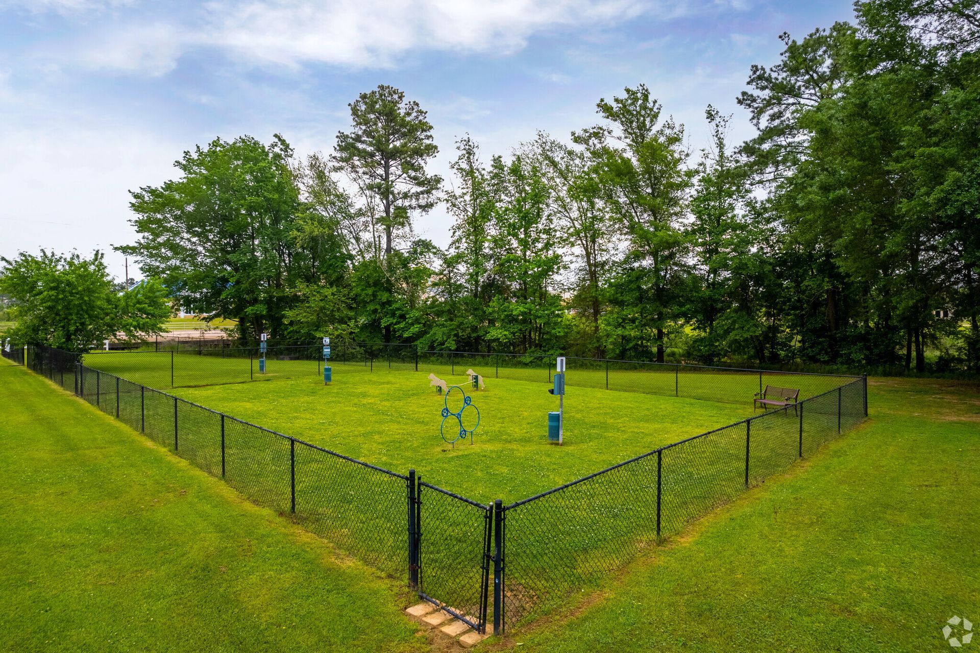 A dog park with a fence and trees in the background
