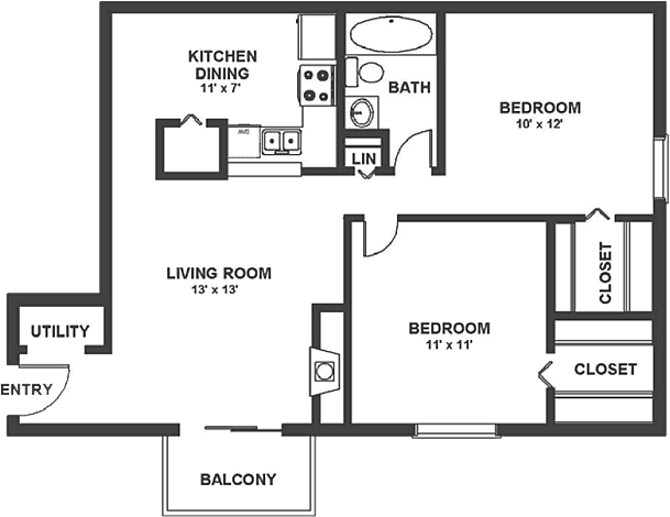 A black and white floor plan of a two bedroom apartment