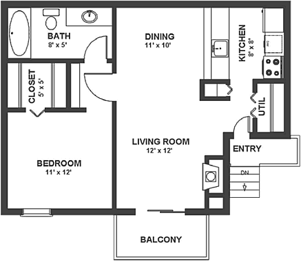 A black and white floor plan of a house with a bedroom , living room , dining room and balcony.
