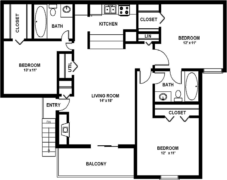 A black and white floor plan of a house with three bedrooms and a balcony.