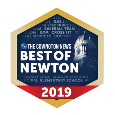 The Covington News Best of Newton 2019 award badge in blue, gold, and red.