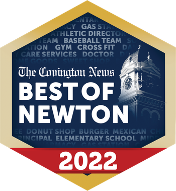 The Covington News “Best of Newton” 2022 award badge in blue, gold, and red