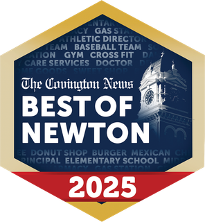 The Covington News Best of Newton 2025 award badge in blue, gold, and red