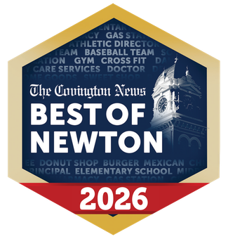 The Covington News “Best of Newton” 2026 badge in blue, gold, and red.