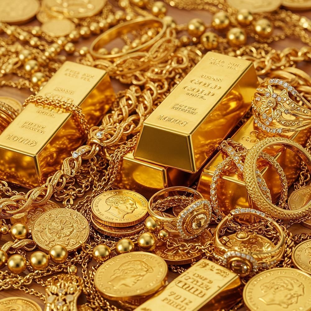 Gold jewelry and coins in a display case