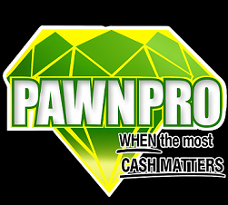 PAWNPRO logo in white and yellow with diamond background and slogan “When the most cash matters”