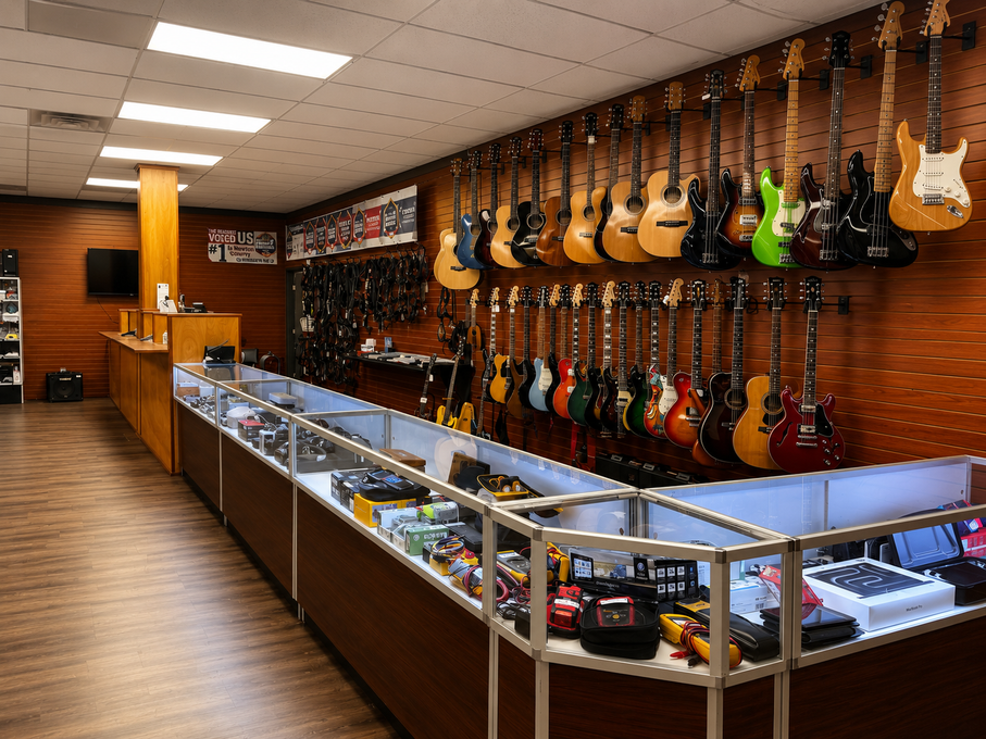 Jewelry store interior with wooden display cases, necklace displays, and wall shelves of accessories