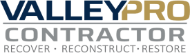 Valleypro contractor logo that says recover reconstruct restore