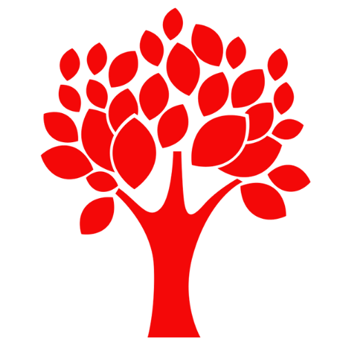 Red tree with many leaves, set against a white background.