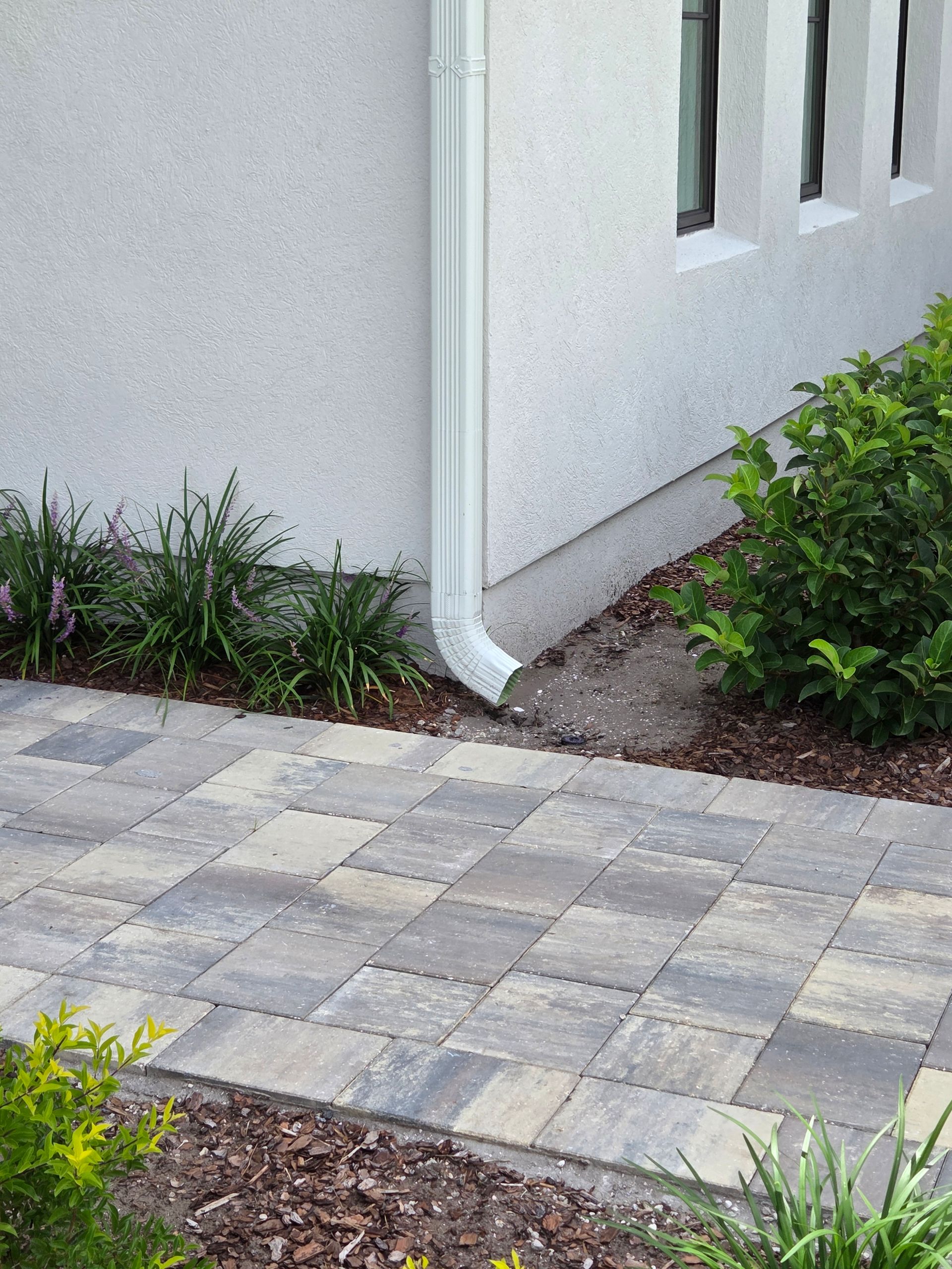 White gutter on textured building wall, landscaping, and patterned walkway.