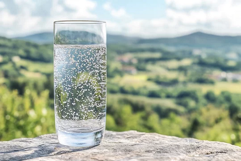 A glass of sparkling water on a stone surface with a blurred green landscape background.