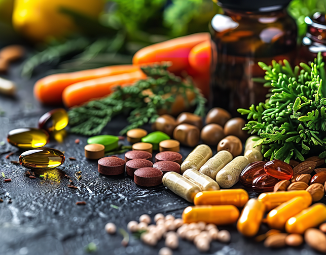 Assortment of vitamins, pills, and supplements, with carrots, herbs, and a glass bottle.