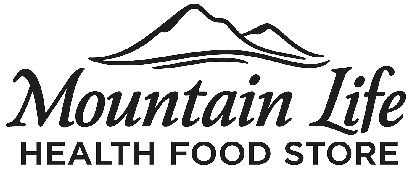Logo of Mountain Life Health Food Store, featuring mountains and text.