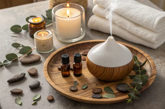 Spa setting: lit candles, essential oil diffuser, towels, bottles of oil, and eucalyptus.