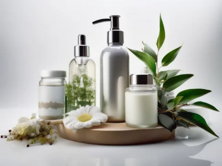 Bottles of skincare products on a wooden tray with flowers and greenery.
