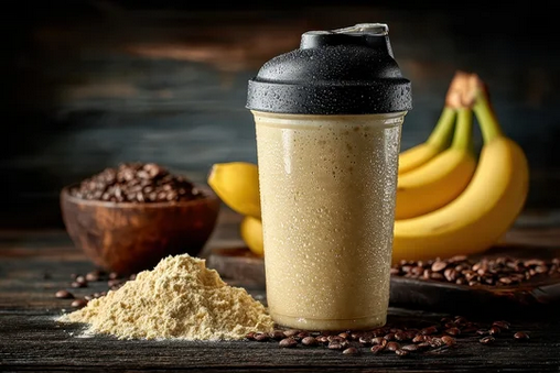 Protein shake in a shaker bottle with bananas, coffee beans, and protein powder.