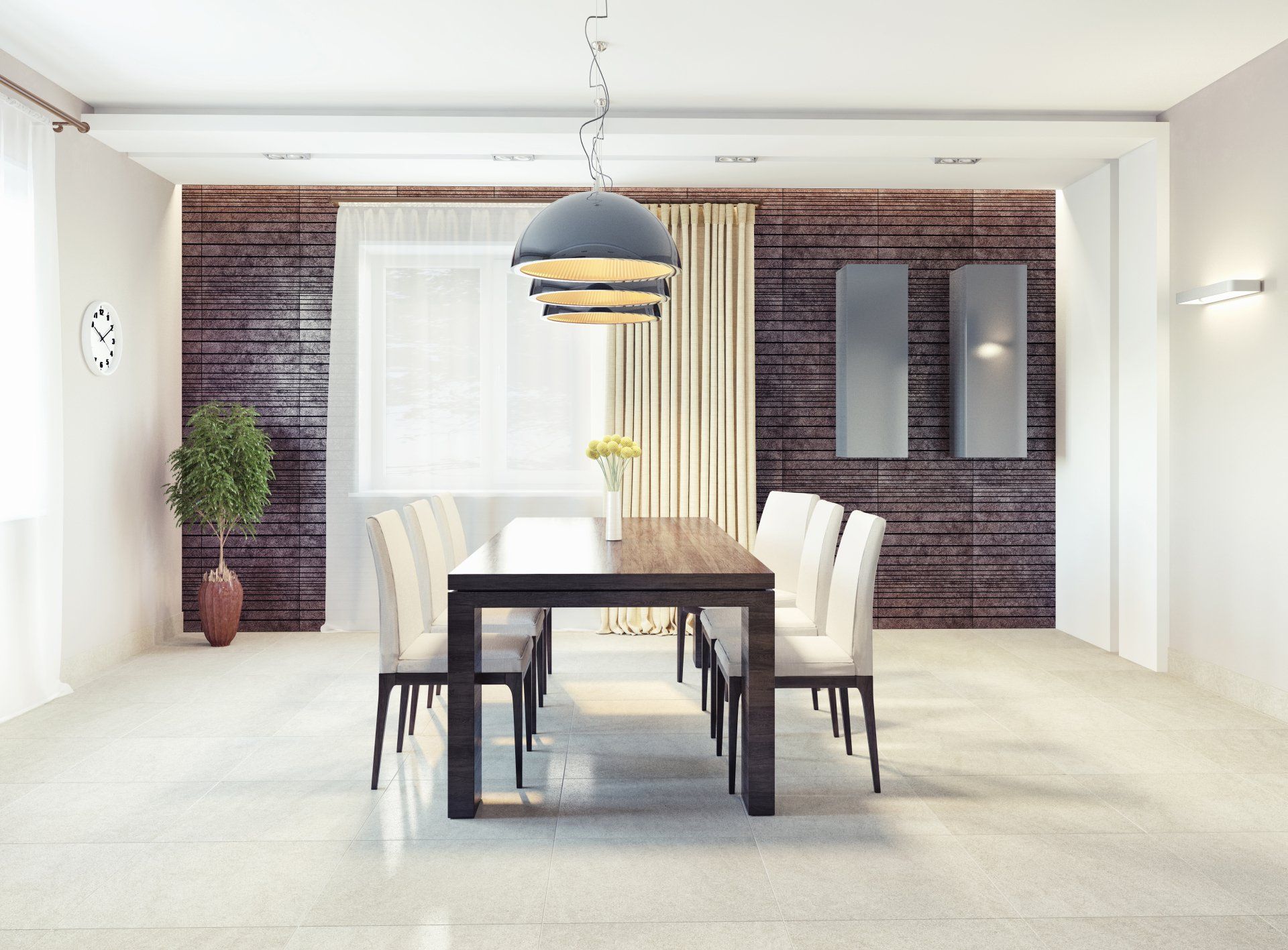 Modern minimalist dining room with formal white high-backed chairs around timber dining table. Dark coloured brick wall with white curtains open half way to reveal sheer under curtain.