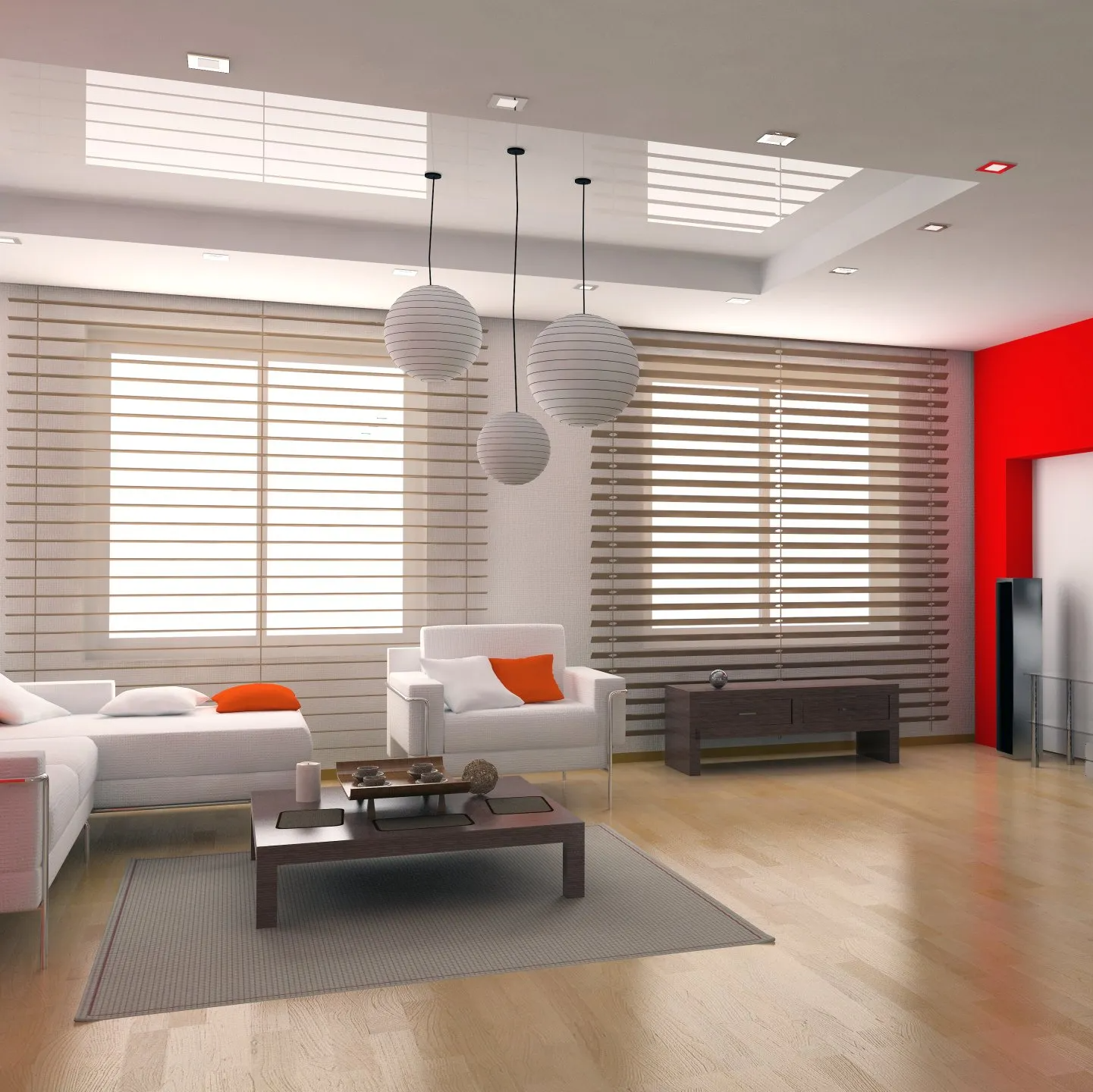 Vivid white couches with red cushions in timber floored loungeroom, with dark timber coffee table on gray rug. Timber wide slat venetian blinds open to let in natural light from outdoors.