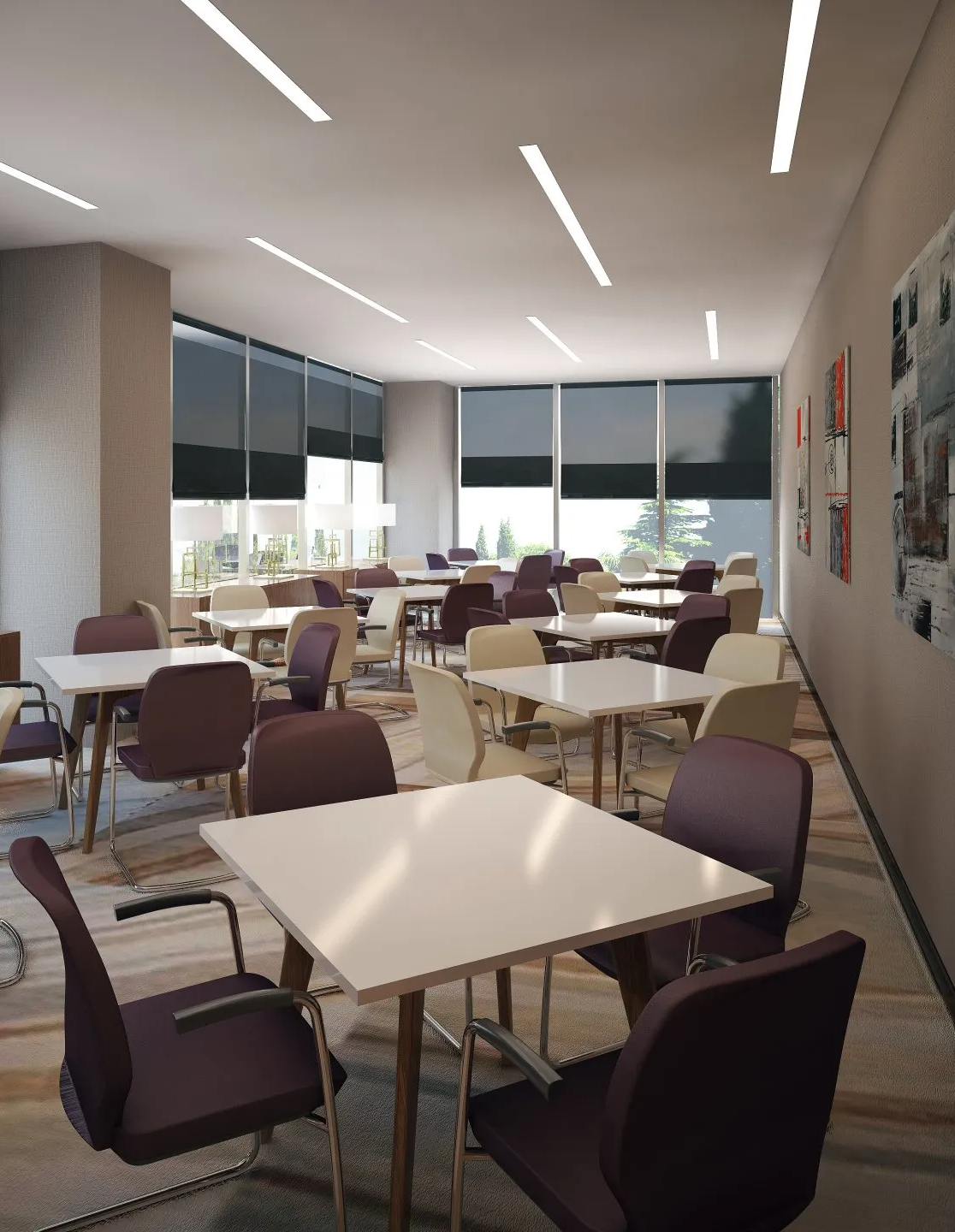 Multiple tables and chairs in dining area, framed by black roman blinds opening up to tree lined city scape.